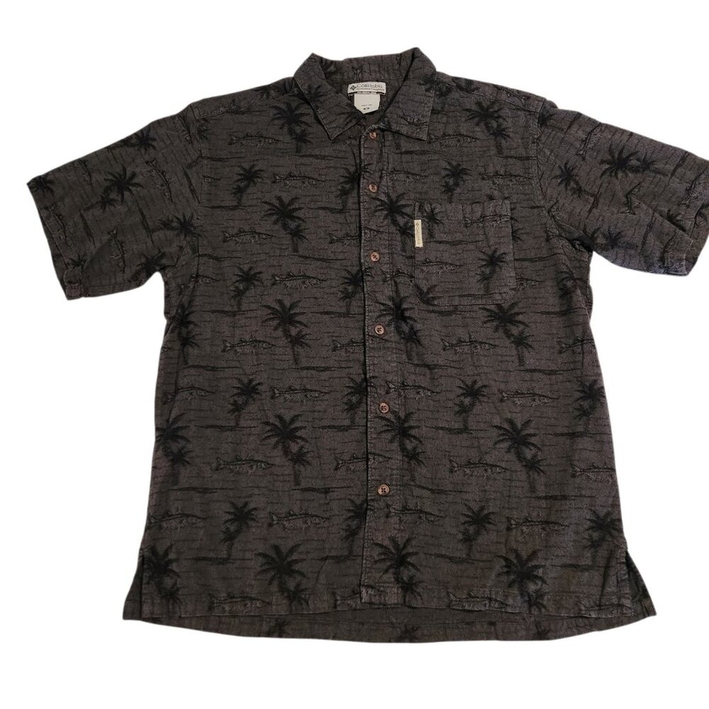 Columbia Hawaiian Floral Fish Print‎ Button Up Black Short Sleeve Mens Medium